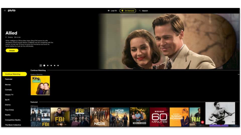Screenshot of Pluto TV's site, showing its On Demand page.