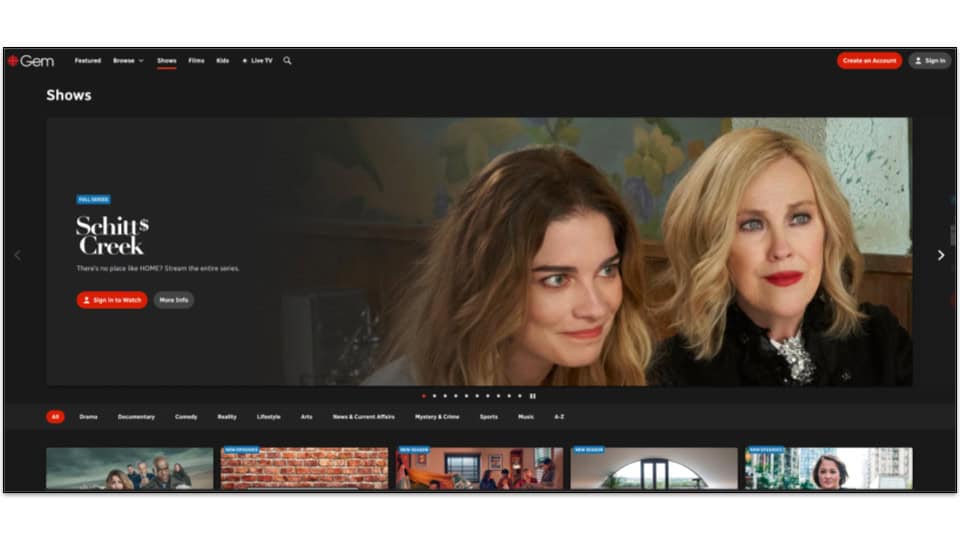 Screenshot of CBC Gem's site, showing the Shows page.