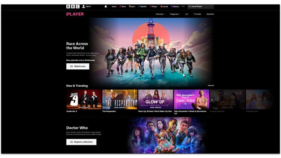 Screenshot of BBC iPlayer's home page.