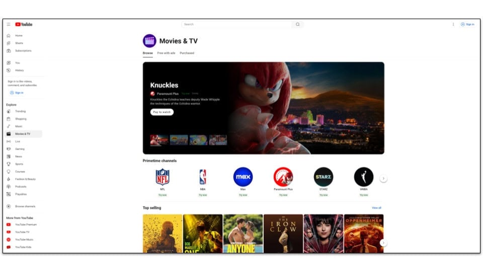 Screenshot of YouTube's home page, showing the Movies & TV tab.