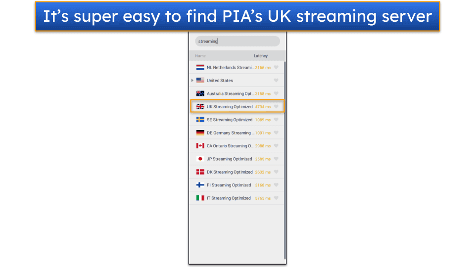 Screenshot showing Private Internet Access's streaming servers, with the UK streaming server being highlighted.