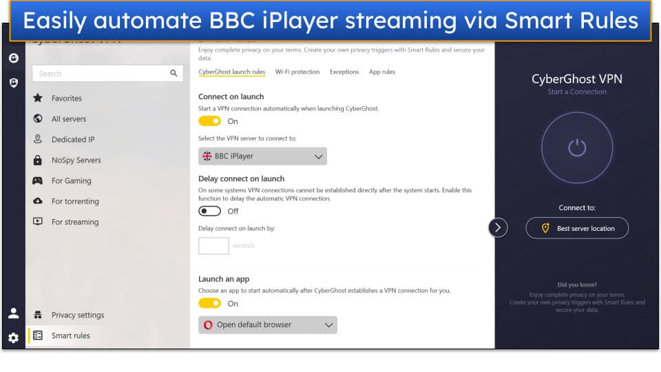 Screenshot showing CyberGhost VPN's Smart Rules feature on its Windows app.