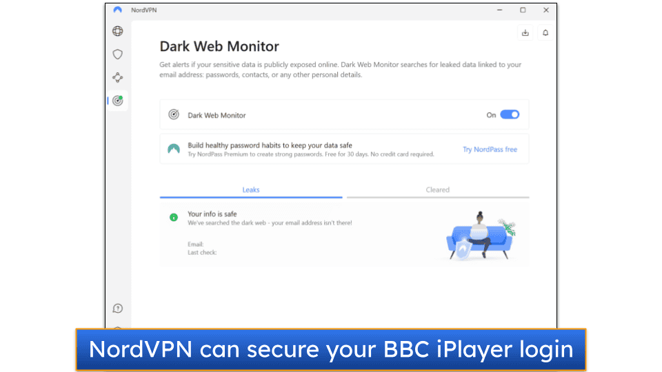 creenshot showing NordVPN's Dark Web Monitor feature on the Windows app.