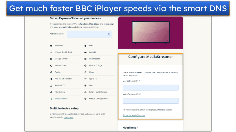Screenshot showing the setup page for ExpressVPN's smart tool feature, which is called MediaStreamer.