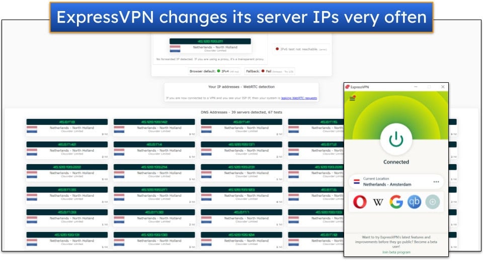 Screenshot showing a leak test being run on ExpressVPN's Windows app.