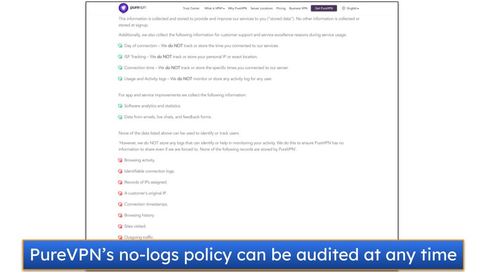 Screenshot showing a section of PureVPN's privacy policy.