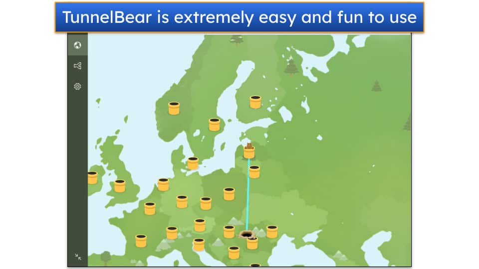 Screenshot showing the main connection window on TunnelBear's Windows app.