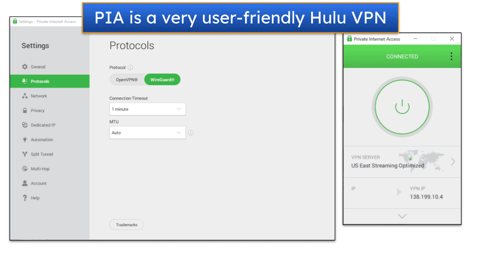 Screenshot showing PIA's connection screen and its settings menu on the Windows app.