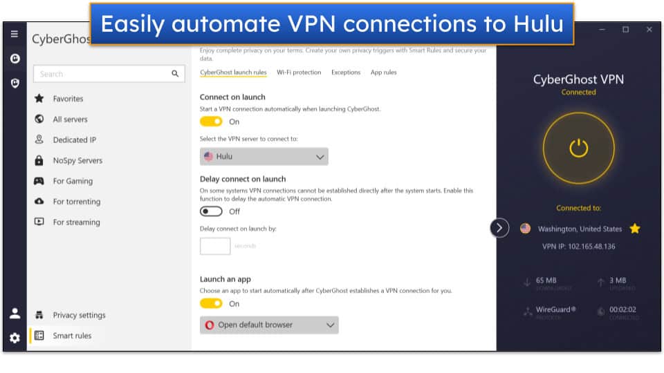 Screenshot showing CyberGhost VPN's Smart Rules feature, and a connection to a US server on the provider's Windows app.