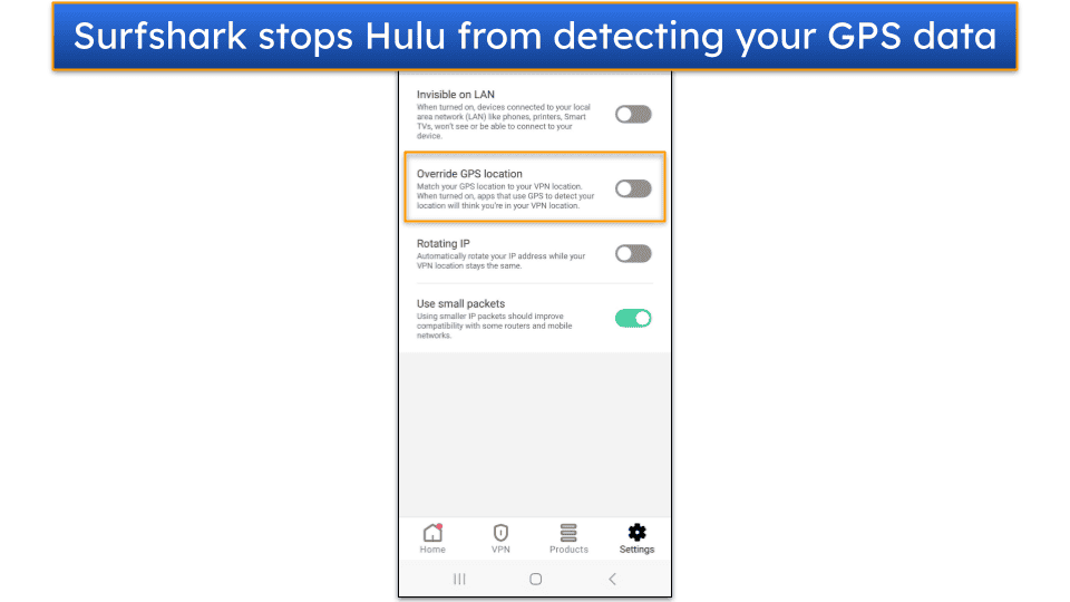 Screenshot showing Surfshark's GPS-spoofing feature on its Android app.