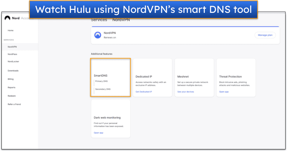 Screenshot showing NordVPN's smart DNS tool in the account dashboard.