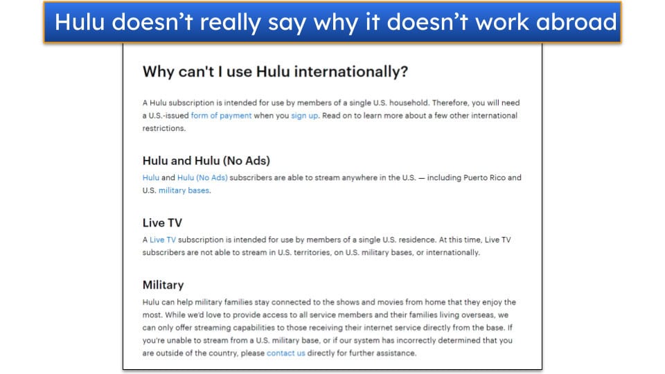 Screenshot showing a support article about using Hulu internationally on Hulu's website.