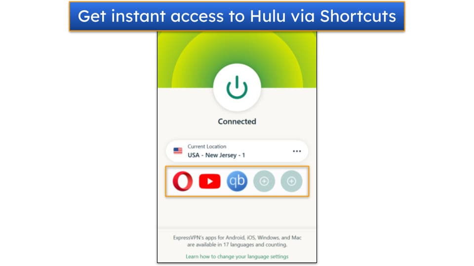 Screenshot showing ExpressVPN's Shortcuts feature on its connection screen on the Windows app.