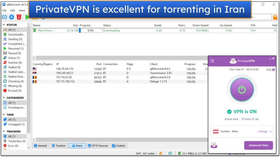 Screenshot showing a torrent being downloaded via qBittorrent while connected to PrivateVPN.