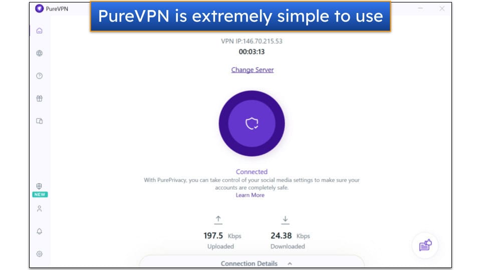 Screenshot showing the connection screen on PureVPN's Windows app