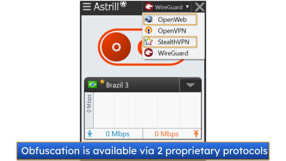 Screenshot showing the available VPN protocols on Astrill VPN's Windows app.