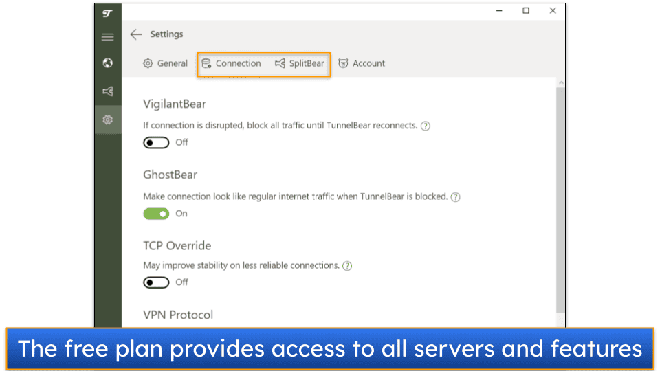 Screenshot showing the VPN connection settings and the SplitBear feature on TunnelBear's Windows app.