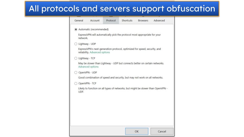 Screenshot showing the available VPN protocols on ExpressVPN's Windows app.