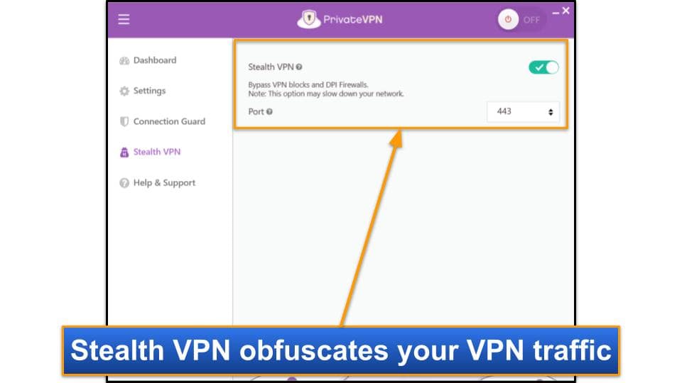 Screenshot showing PrivateVPN's Stealth VPN feature on its Windows app.