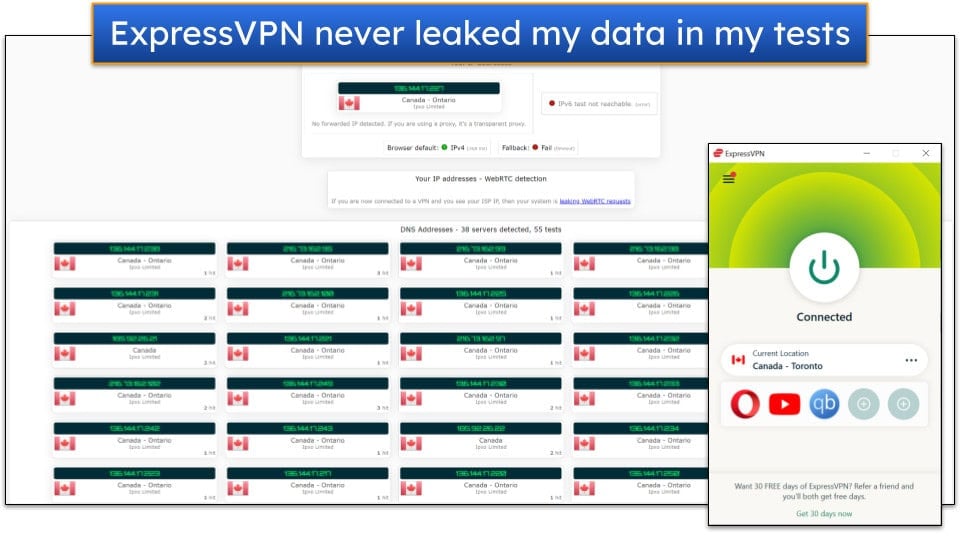 Screenshot showing the results of a leak test that's run on one of ExpressVPN's Canadian servers.