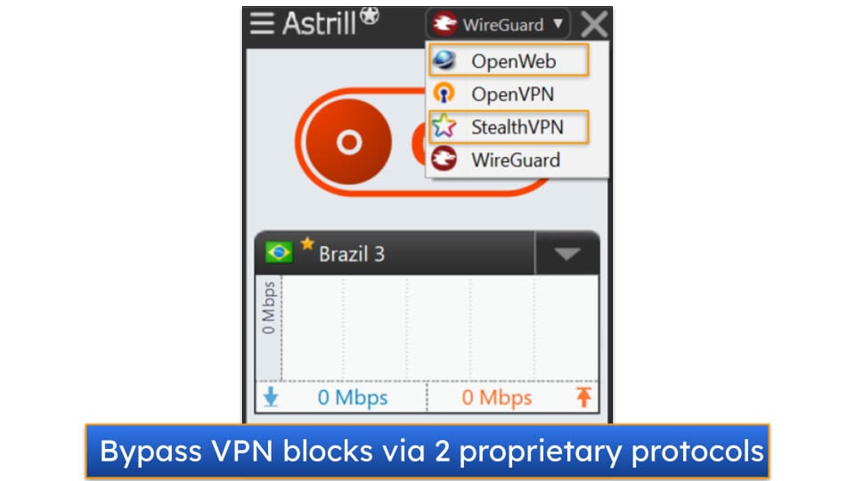 Screenshot of the connection window on Astrill VPN's Windows app, with the OpenWeb and StealthVPN protocols highlighted.