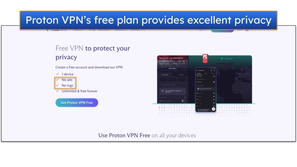 Screenshot of Proton VPN's free plan web page, with the "No ads" and "No logs" words highlighted.