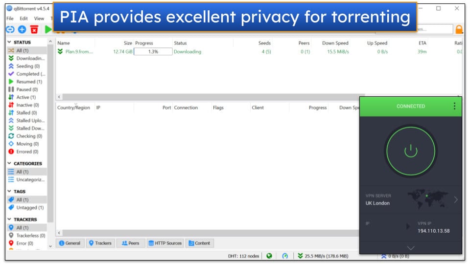 Screenshot showing the connection screen on Private Internet Access's Windows app, while a torrent is being downloaded through qBittorrent in the background.