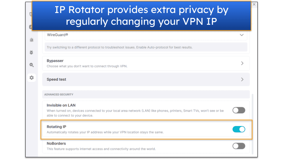 Screenshot showing the VPN settings tab in Surfshark's Windows app, with the IP Rotator feature highlighted.