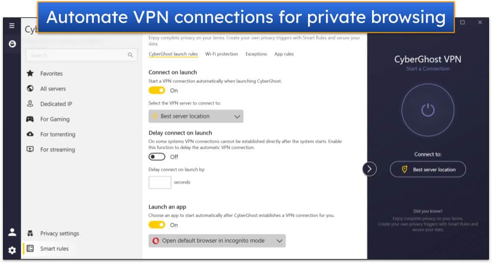 Screenshot showing the Smart Rules feature on CyberGhost VPN's Windows app.