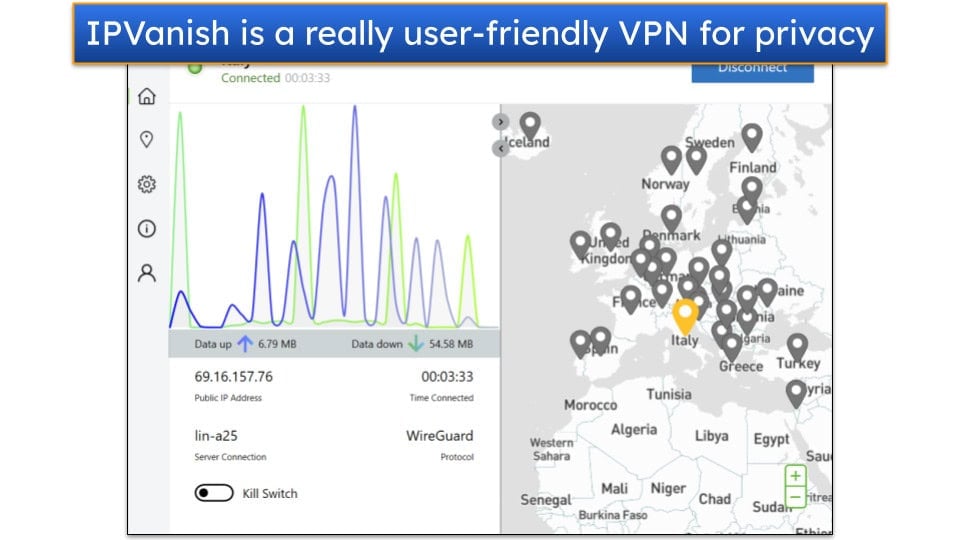 Screenshot showing the main VPN connection window in IPVanish's Windows app.