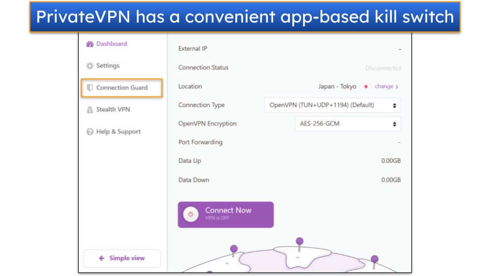 Screenshot showing the Advanced View on PrivateVPN's Windows app, with the Connection Guard tab highlighted.