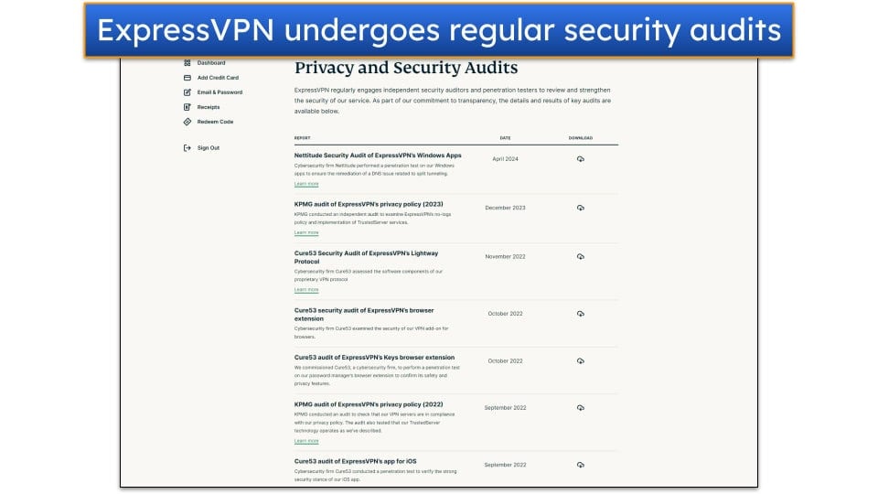 Screenshot showing the audit page in the ExpressVPN account dashboard.