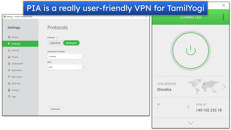 Screenshot of Private Internet Access's Windows app, showing the settings windows and the VPN connection screen.