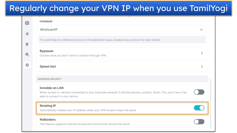 Screenshot of Surfshark's Windows app, showing the VPN settings tab, with the IP Rotator feature highlighted.