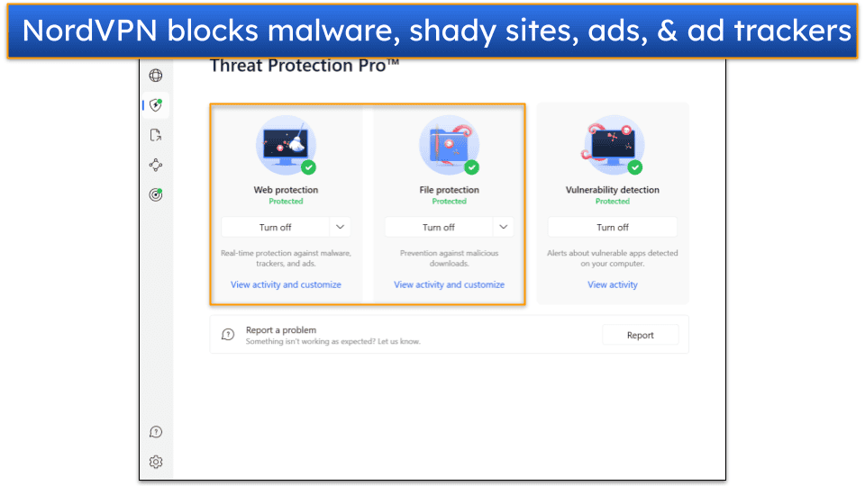 Screenshot of NordVPN's Windows app, showing the Threat Protection Pro tab, with the Web Protection and File Protection options highlighted.