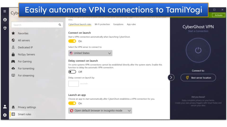 Screenshot of CyberGhost VPN's Windows app, showing the Smart Rules tab.