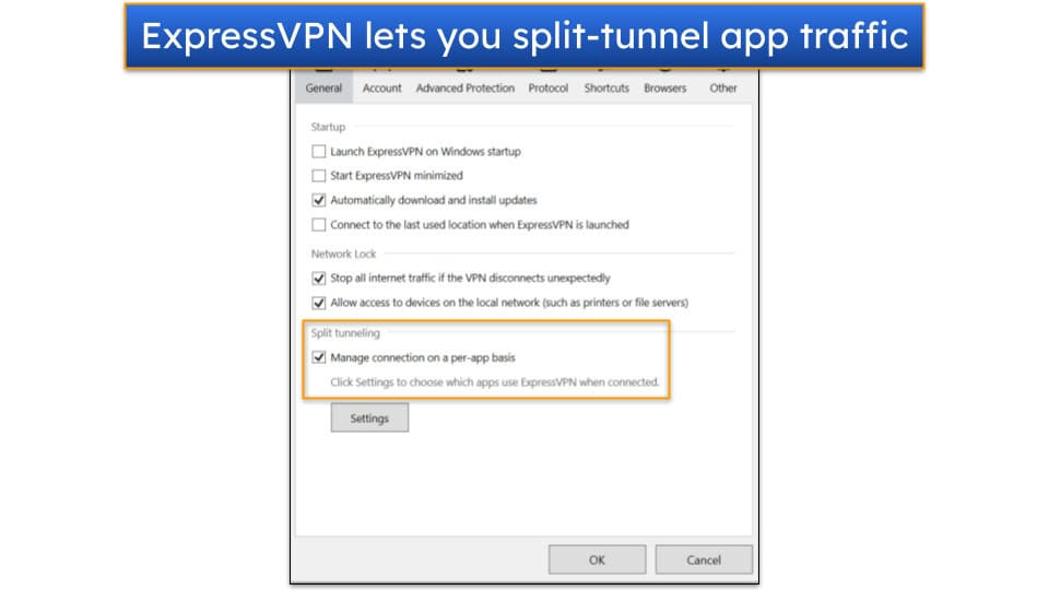 Screenshot of ExpressVPN's Windows app, showing the General settings tab, with the split-tunnel option highlighted.