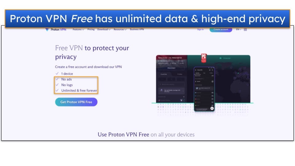 Image showing a screenshot of the free version web page on Proton VPN's website, with the phrases "No ads," "No logs," and "Unlimited & free forever" highlighted.