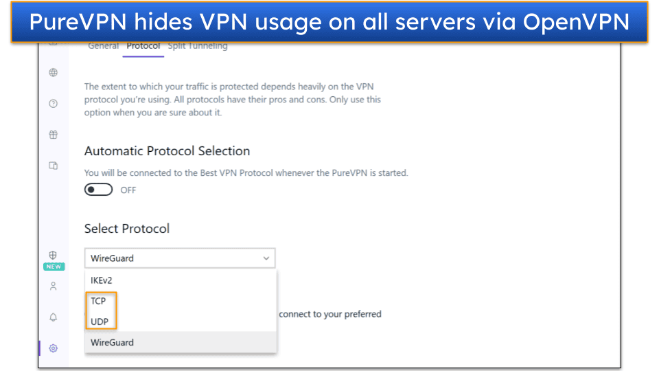 Image showing a screenshot of the Protocol settings on PureVPN's Windows app, with the TCP and UDP protocol options highlighted.