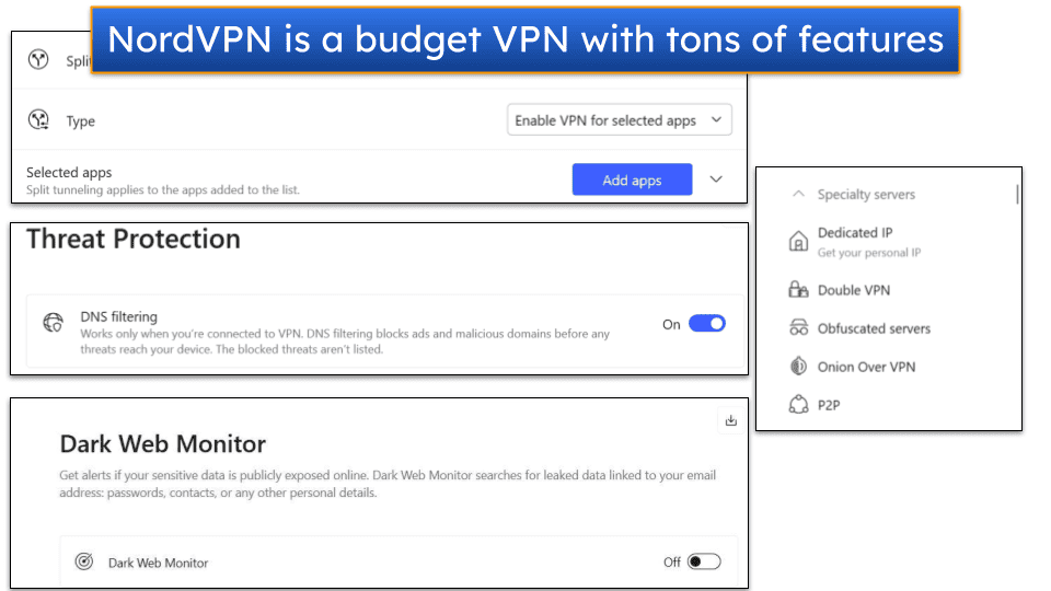 Image showing four screenshots. One screenshot shows NordVPN's split-tunneling feature, another screenshot shows NordVPN's Threat Protection feature, another screenshots shows NordVPN's Dark Web Monitor feature, and the last screenshots shows the list of NordVPN Specialty Servers on its Windows app.