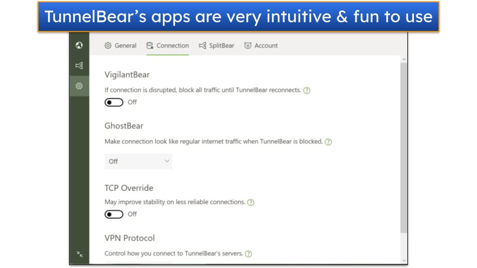Image showing a screenshot of TunnelBear's connection settings on its Windows app.