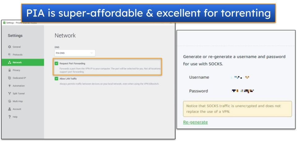 Image showing two screenshots, one of the port forwarding setting inside Private Internet Access's Windows app, and one of the SOCKS5 proxy login generation tab in Private Internet Access's account dashboard.