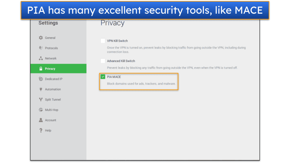 Image showing a screenshot of the Privacy tab on Private Internet Access's Windows app, with the PIA MACE feature highlighted.