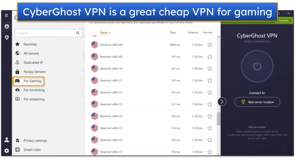 Image showing a screenshot of CyberGhost VPN's main dashboard on its Windows app, with the For Gaming server tab highlighted.
