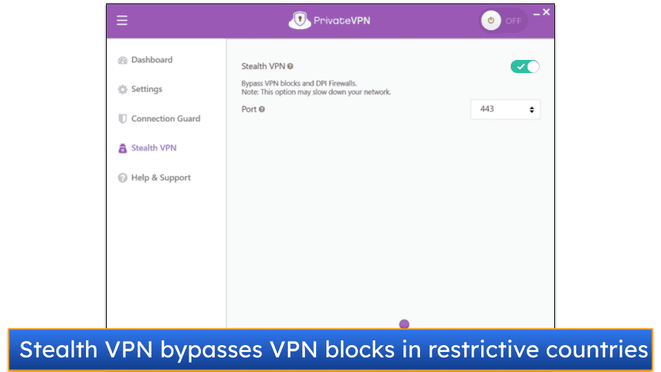 Image showing a screenshot of the Stealth VPN feature tab on PrivateVPN's Windows app.